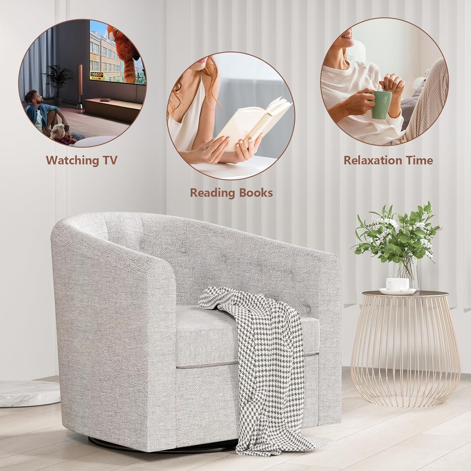 Simore Swivel Barrel Accent Chair Set of 2, Breathable Fabric Round Swivel Cuddle Chair Armchair for Nursery Living Room Bedroom Office, Light Gray