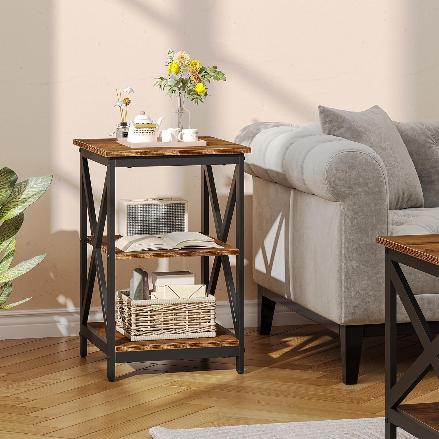 Bigbiglife Living Room Coffee Table Set of 3, Industrial X-Design Coffee Table and 2 End Side Tables, 3 Piece Living Room Table Set with Large Storage for Apartment Home (Rustic Brown)