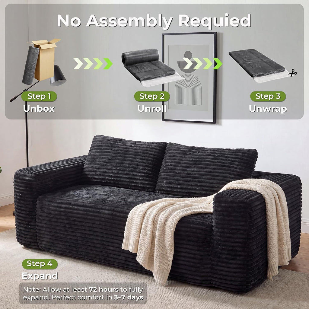 LIKIMIO Liorin Plush 71" Boneless Loveseat Sofa Black Corduroy No Assembly | 2 Seater | High-Density Foam | 25.6" Deep Seat | 17.3" High Seat | Sofa in a Box | Ideal for Apartment/Living room