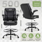 500LBS Drafting Chair, High Back Safer Standing Desk Chair, Executive Tall Office Chair with Flip-up Armrests, Upholstered PU Leather Task Chair, Ergonomic Seat with Adjustable Height&Foot Ring, Black