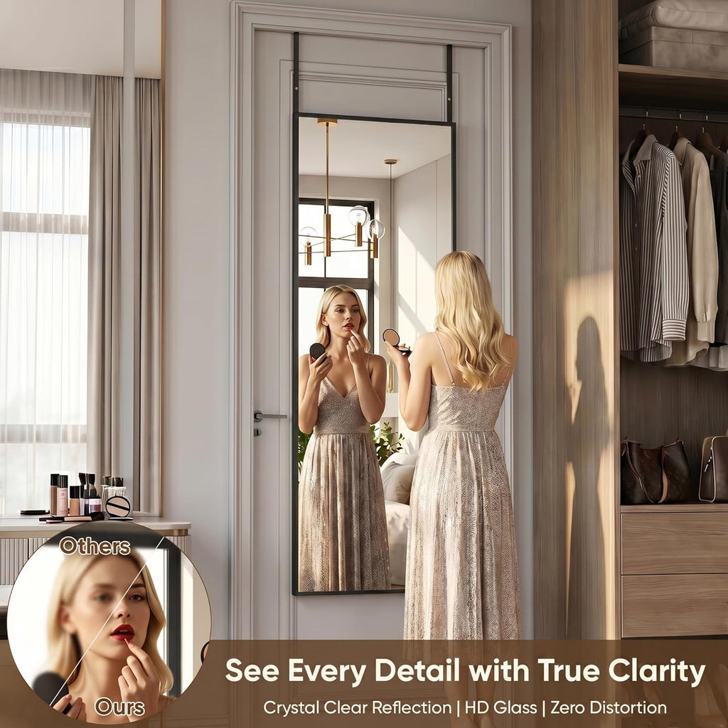 Antok 58"×20" Full Length Door Mirror, Over the Door Mirror with Aluminum Alloy Frame, No Drill Installation, Shatterproof Glass, Wall Mounted Hanging Mirror for Bedroom, Dorm, Bathroom, Black
