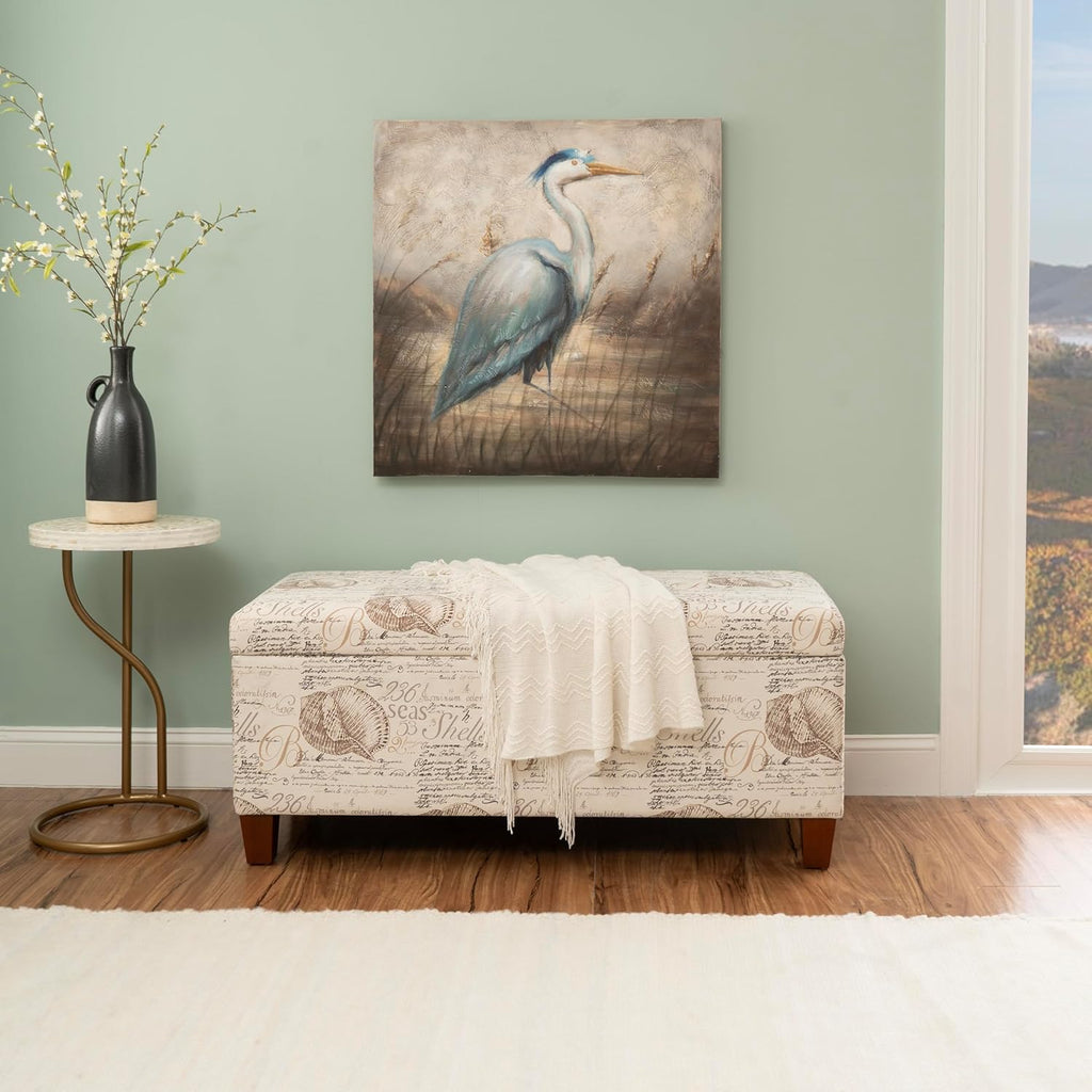 Linon Carmen Ivory and Beige Seashell Upholstered Lift Top Storage Ottoman with Wooden Feet