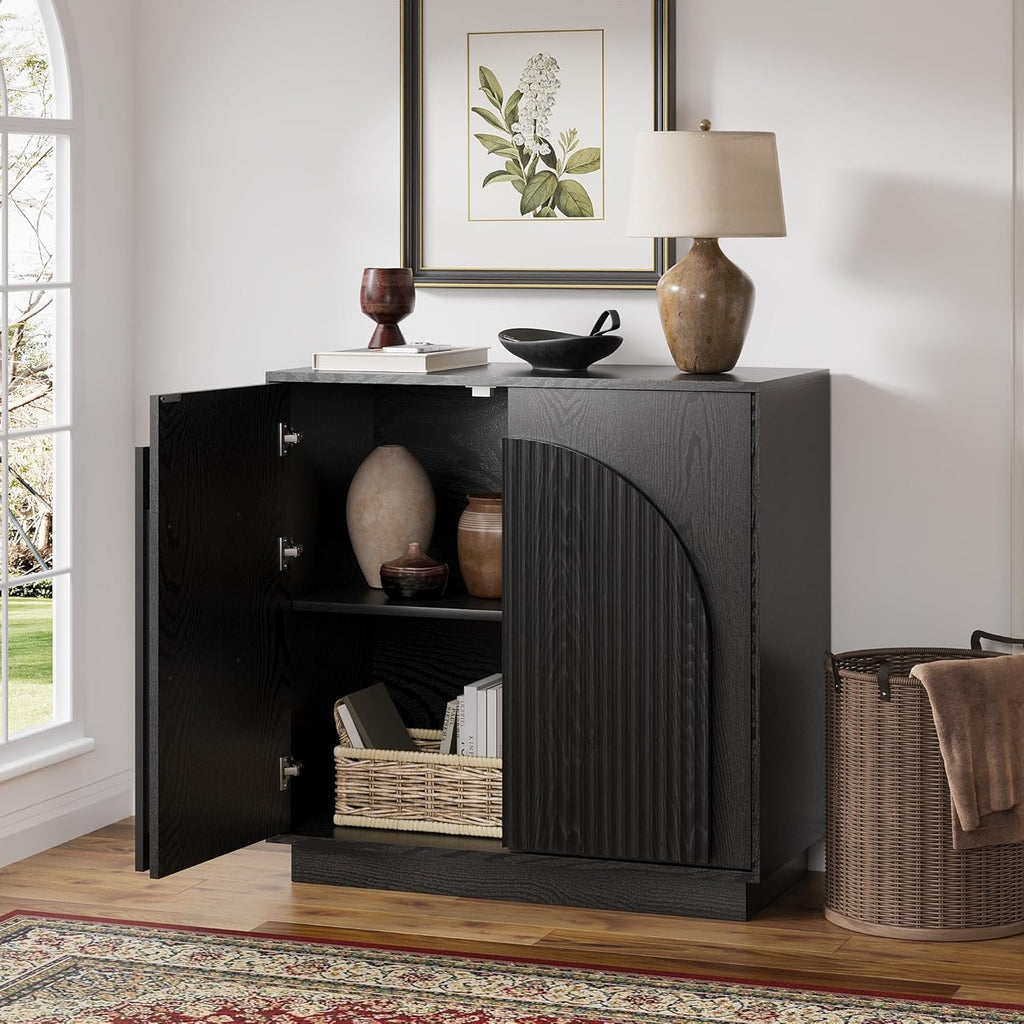 win2win Fluted Sideboard Buffet Cabinet with Storage, 31.5" Modern Accent Cabinet with Double-Layered Arch Doors, Small Wood Console Credenza for Living Room,Dining Room,Entryway,Hallway,Black,1PCS
