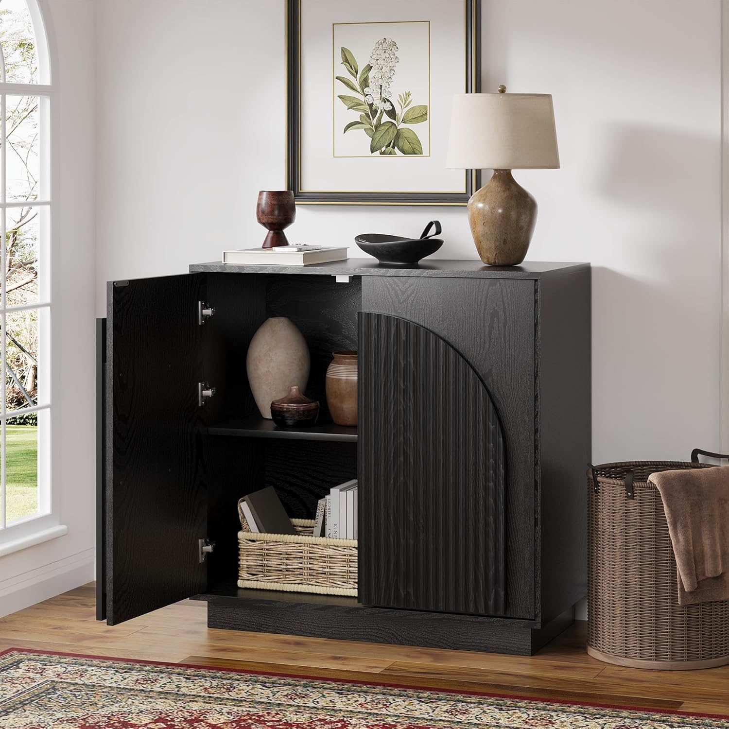 win2win Fluted Sideboard Buffet Cabinet with Storage, 31.5" Modern Accent Cabinet with Double-Layered Arch Doors, Small Wood Console Credenza for Living Room,Dining Room,Entryway,Hallway,Black,1PCS