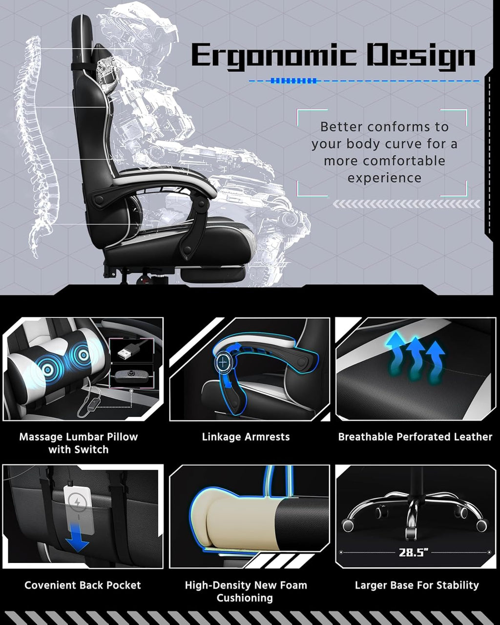 Yaheetech Gaming Chair with Electric Massage Lumbar Support, Footrest & Headrest — Ergonomic High Back Recliner for Home Office, Computer Desk Chair, Height Adjustable, 300 lbs, Black/White