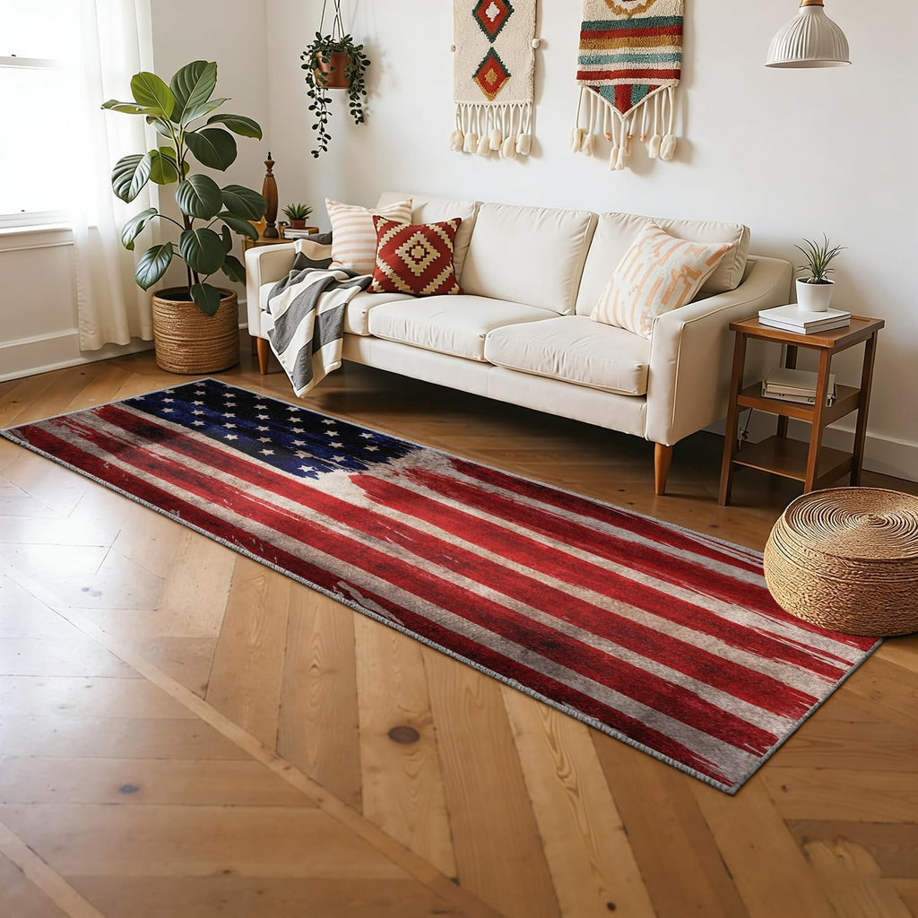 Vintage American Flag Runner Rug, 2x5ft, Soft Machine Washable Non-Slip Long Rug Runners for Hallways, Blue Red White Star Stripe Flag Independence Day Carpet for Indoor Entrance Dining Kitchen