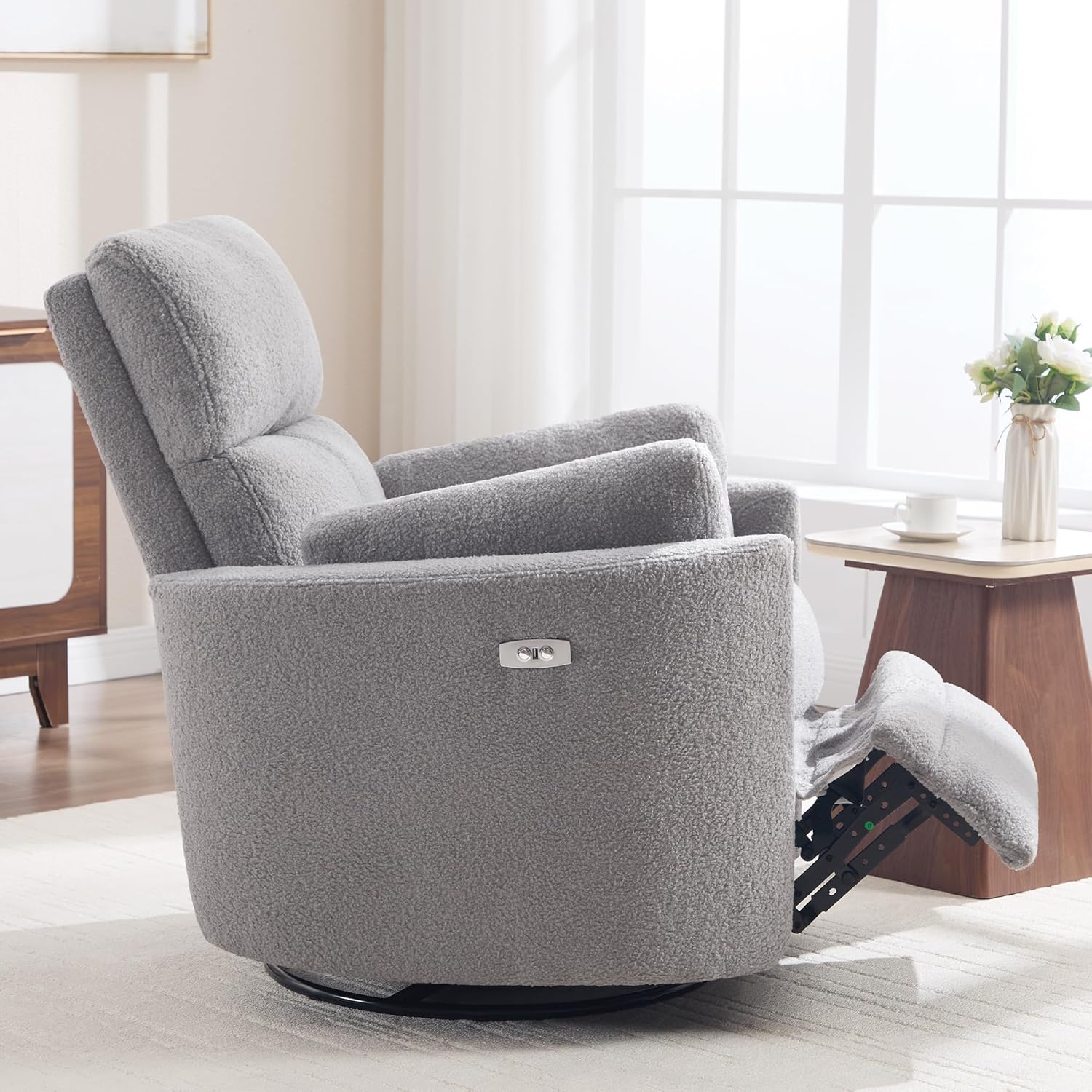 Power Recliner,Nursery Swivel Glider Rocking Chair with USB Port,Upholstered Adult Electric Recliner Rocking Chair with 2 Pillows for Living Room Bedroom(Lightgrey Teddy, Power-Driven)