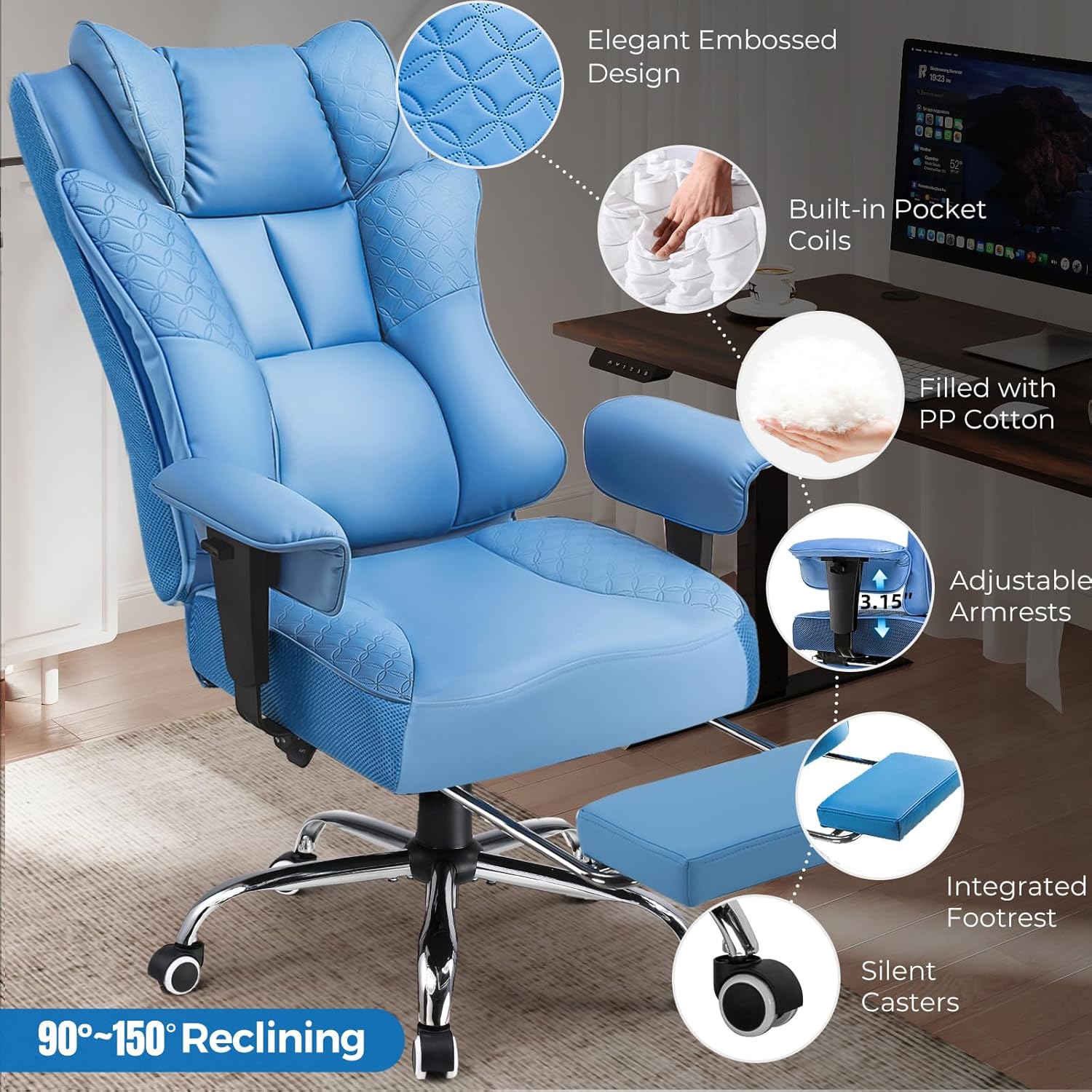 GTPLAYER Big and Tall Office Chair, Wide Ergonomic Gaming Chair with Deluxe Embossing Designed Leather with Foot Rest,150°Reclining Adjustable Soft Armrests Pocket Spring Back Support and Pillow