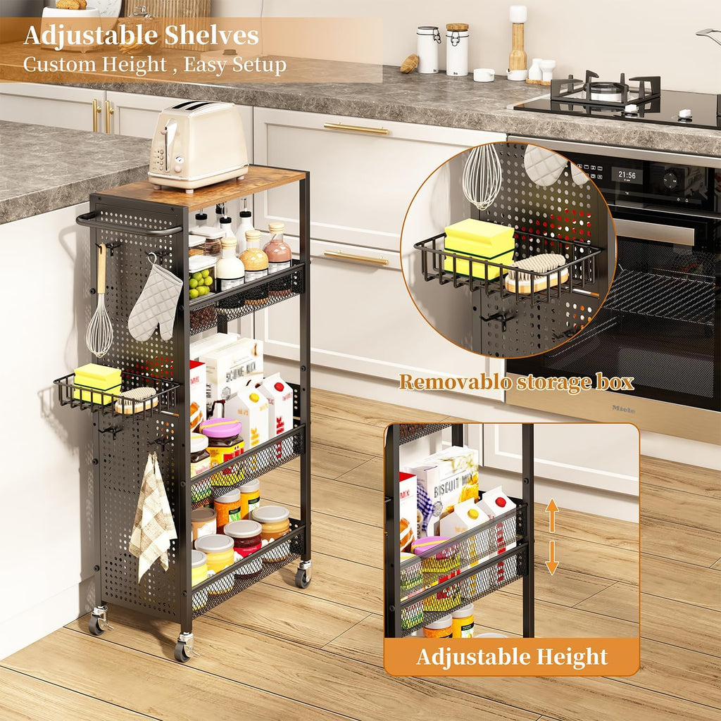Slim Storage Rolling Cart: 4-Tier Narrow Metal & Wood Utility Cart with Wheels for Kitchen/Laundry/Bathroom(Black)