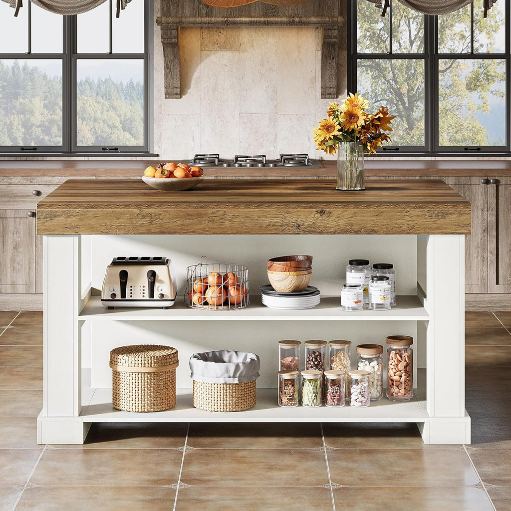 Tribesigns 55" Kitchen Island with Seating and Storage, 3-Tier Farmhouse Wood Stationary Island Table with Large Worktop & Leg Room, Coffee Bar Table with Storage Shelves for Kitchen, White and Brown