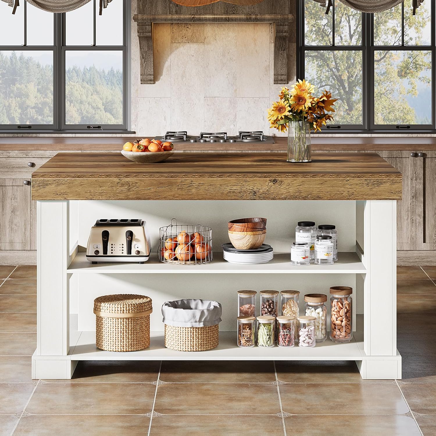 Tribesigns 55" Kitchen Island with Seating and Storage, 3-Tier Farmhouse Wood Stationary Island Table with Large Worktop & Leg Room, Coffee Bar Table with Storage Shelves for Kitchen, White and Brown