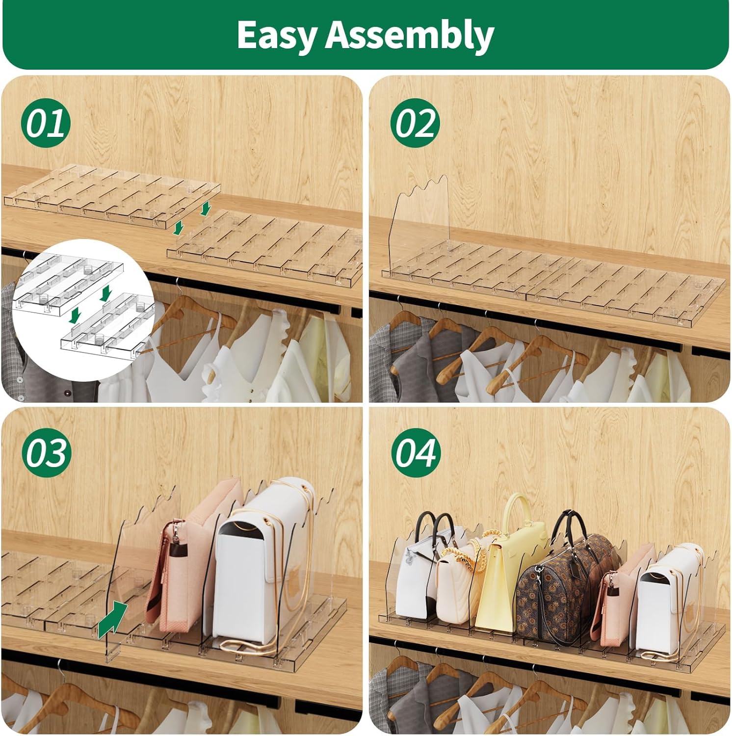 SPACEKEEPER Adjustable Shelf Divider for Closet, Clear Purse Organizers for Closet Acrylic Handbag Separators Storage Organizer Bookshelf Separator Dividers in Bedroom, Office