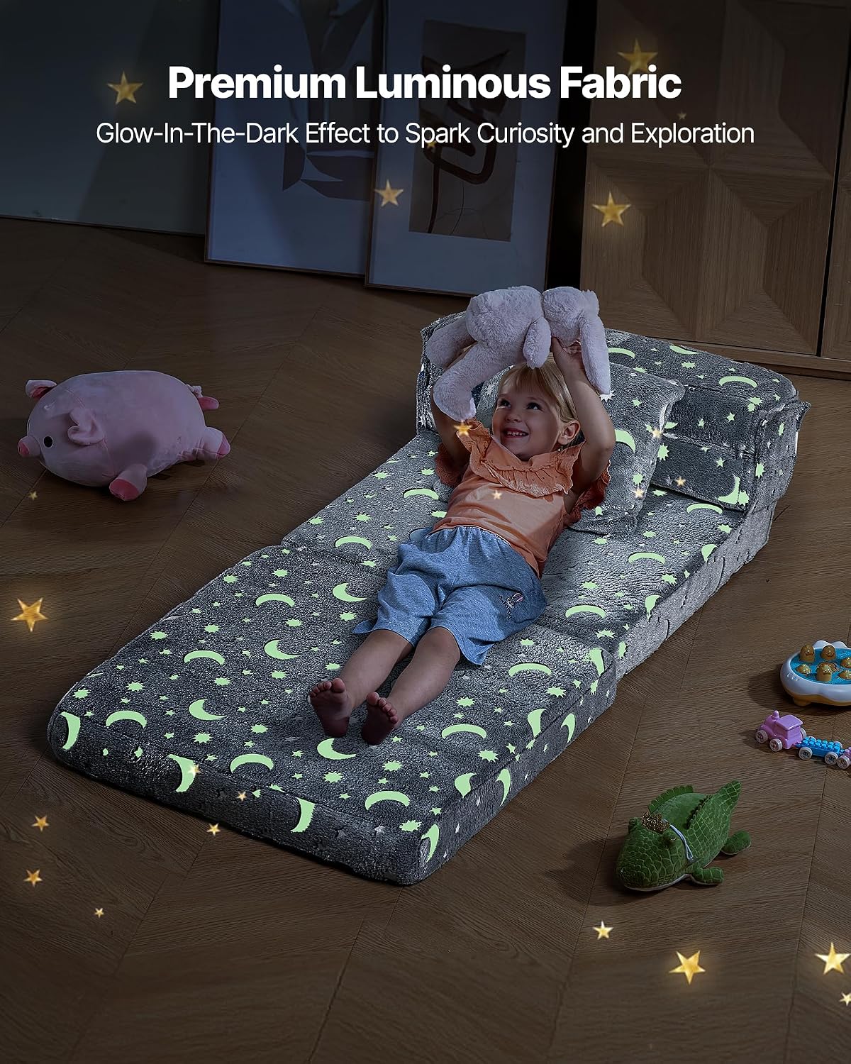 VEVOR 3-in-1 Kids Sofa, Foldable Toddler Soft Couch, Glow in The Dark Kids Couch Fold Out with 28D Sponge & Flannel Fabric, Convertible Toddler Chair to Lounger for Reading, Playing, Gaming, M, Gray