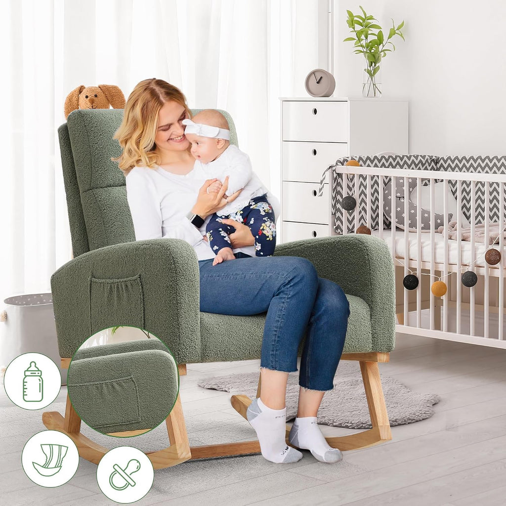 HCHAIRH Rocking Chair Nursery, Boucle Teddy Nursing Rocking Chairs, Upholstered Nursery Glider Rocker for Mom Nursery Morden Accent Rocking Chair with Side Pocket for Living Room,Bedroom, Green