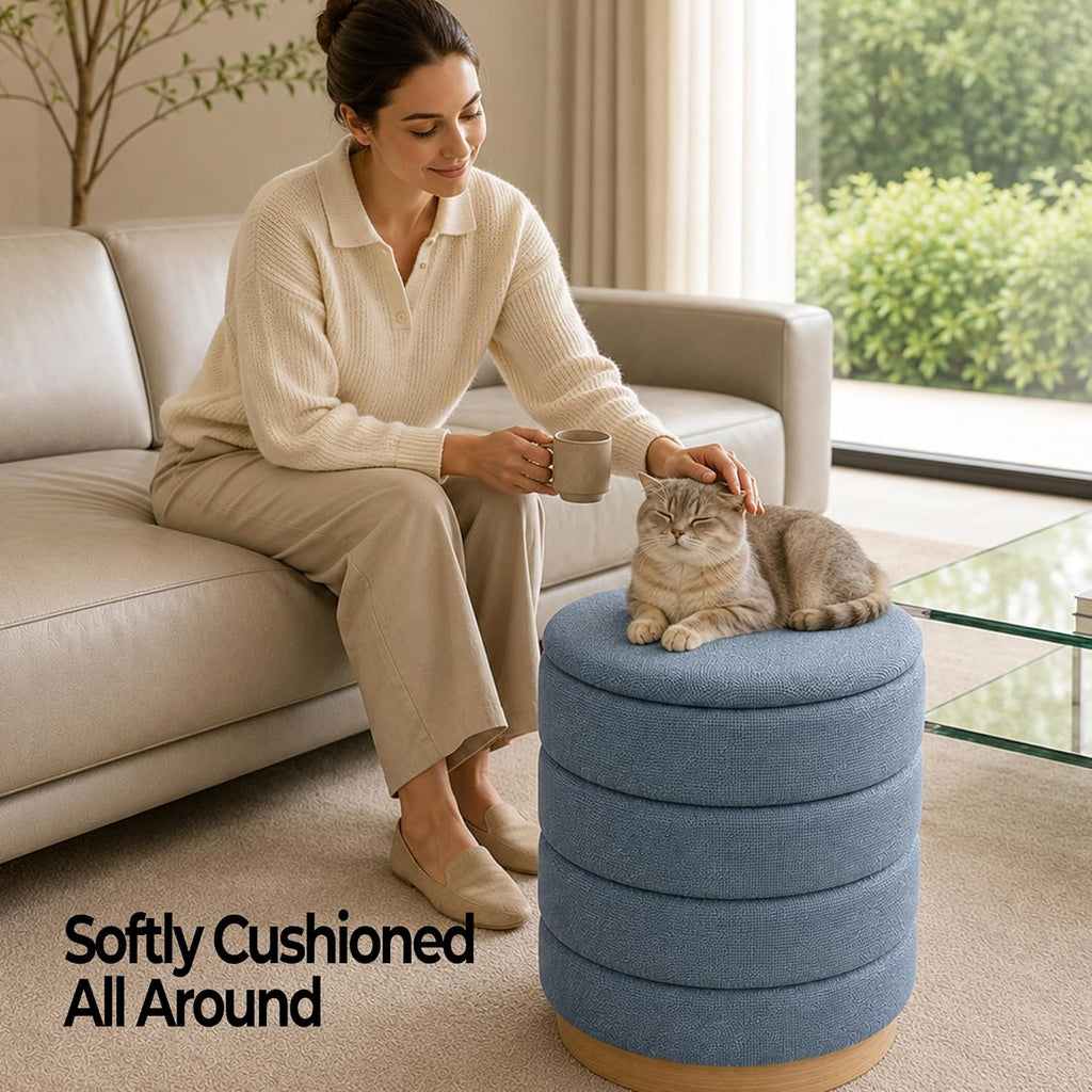 Ottoman Collection Stylish Linen Cylinder Storage Light Blue Round Footrest Vanity Stool Furniture Living Room Small Bench 16" L X16 W X 17" H