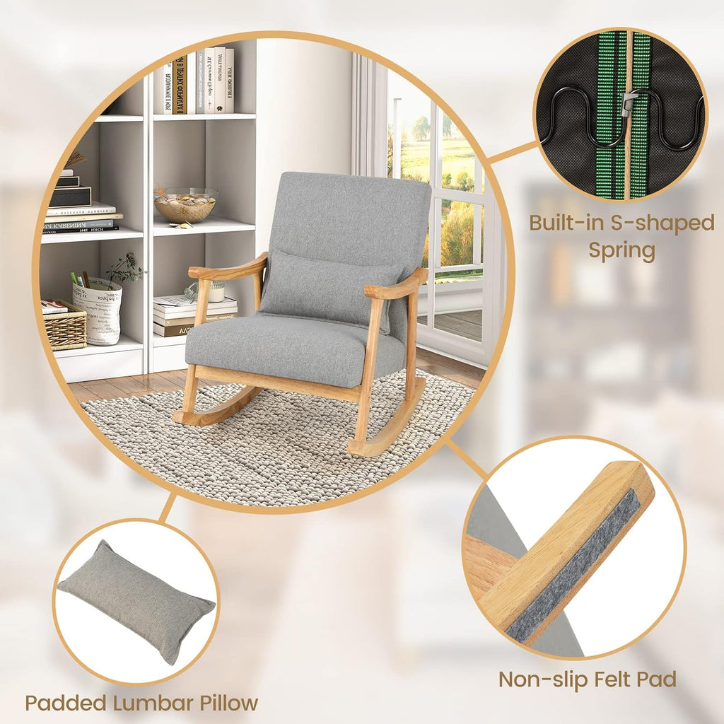 GOFLAME Nursery Rocking Chair Set of 2, Upholstered Rocker Glider Chair with Lumbar Pillow, High Backrest & Padded Seat Cushion, Accent Armchair with Rubber Wood Frame for Living Room, Bedroom, Grey