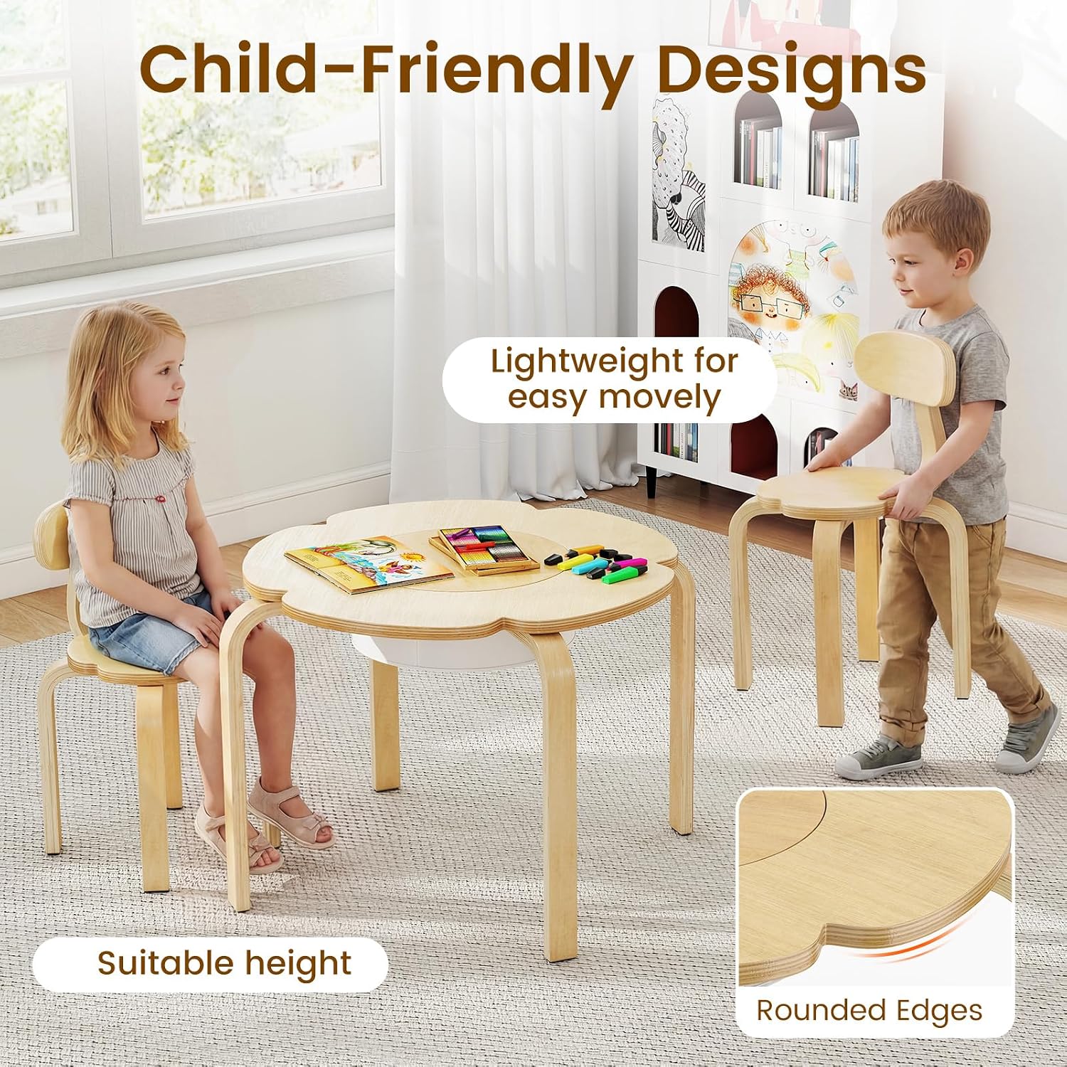 Olakids Kids Table and Chair Set, Wooden Toddler Activity Desk with Center Storage Basket, Ideal 3-Piece Children Furniture for Art Crafts Playing Eating Drawing Reading