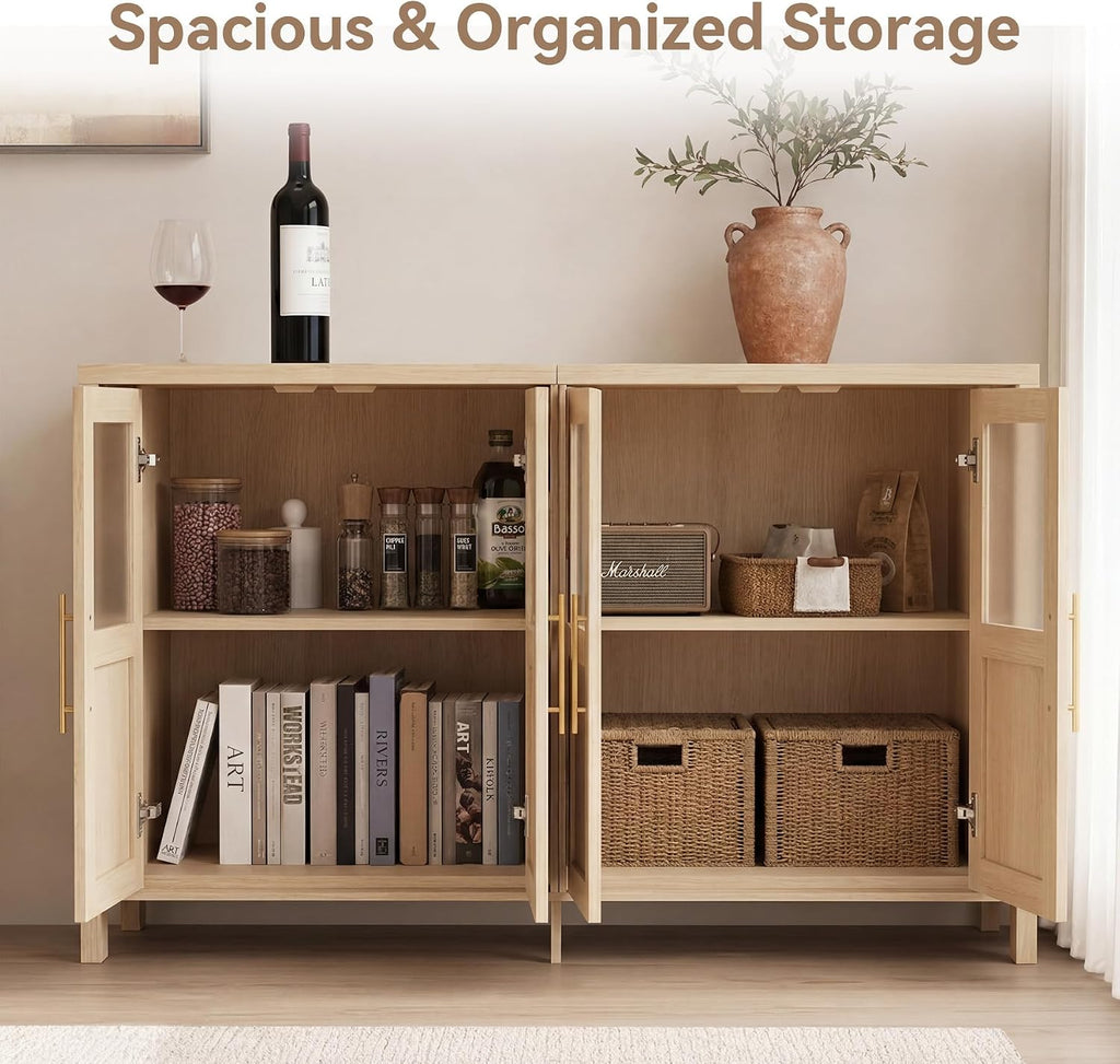 55" Sideboard Cabinet with Glass Doors, Large Buffet Cabinet with Storage and Shelves, Modern Accent Console Table for Dining Room Living Room Entryway (Natural)