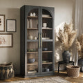 BELLEZE 67" Tall Glass Display Cabinet, Modern Wood Curio Cabinet Bookcase with Adjustable Storage Shelves, 6-Tier Trophy Showcase Display for Living Room - Ebony