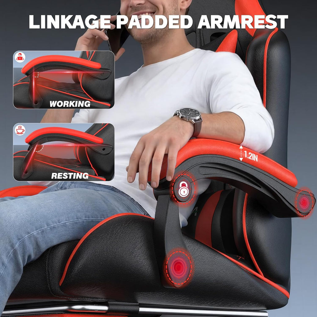 Bigzzia Gaming Chair with Footrest, Ergonomic Computer Chair with Breathable Cushion, Adjustable Headrest, Lumbar Support, 90°-135° Recline Gaming Chairs for Adults, Black Red
