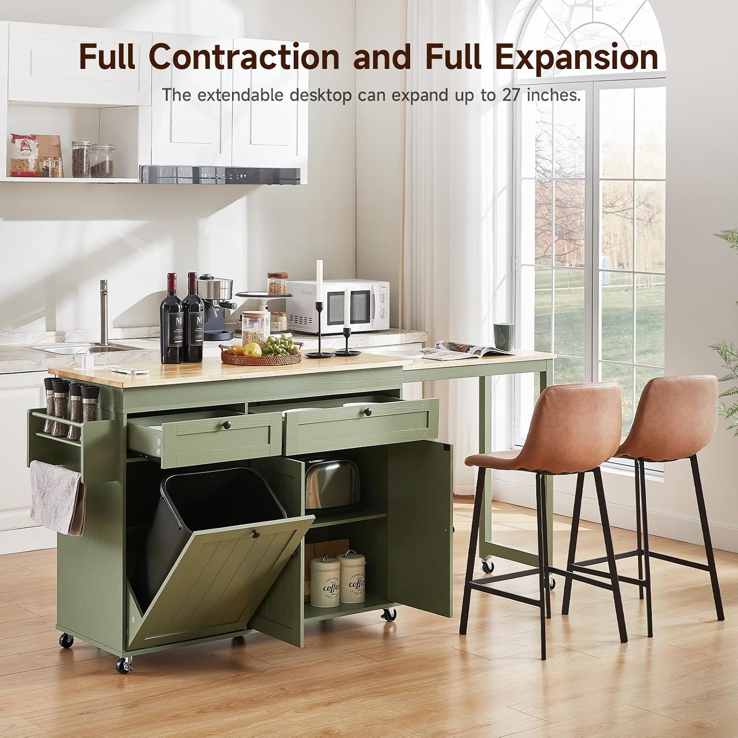 Kitchen Islands with Extendable Dining Table, Mobile Storage Islands, Green | 81.7" Rolling Kitchen Cart with Trash Cabinet, Power Outlet, Spice Rack & Towel Rack