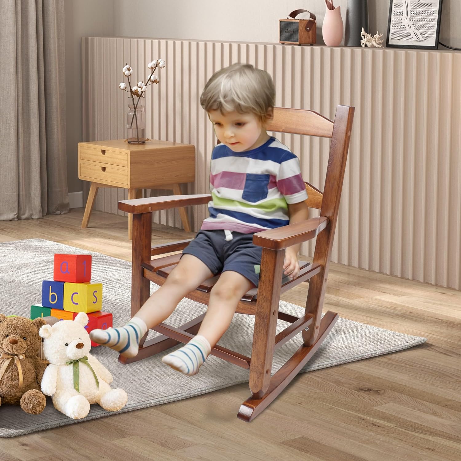 Kids Rocking Chair Toddler Wooden Indoor for Child Comfy Recliner Rocker for Baby Ages 3-6 Outdoor Lounge Children Playroom Anti-Tip Design Safe & Sturdy Brown