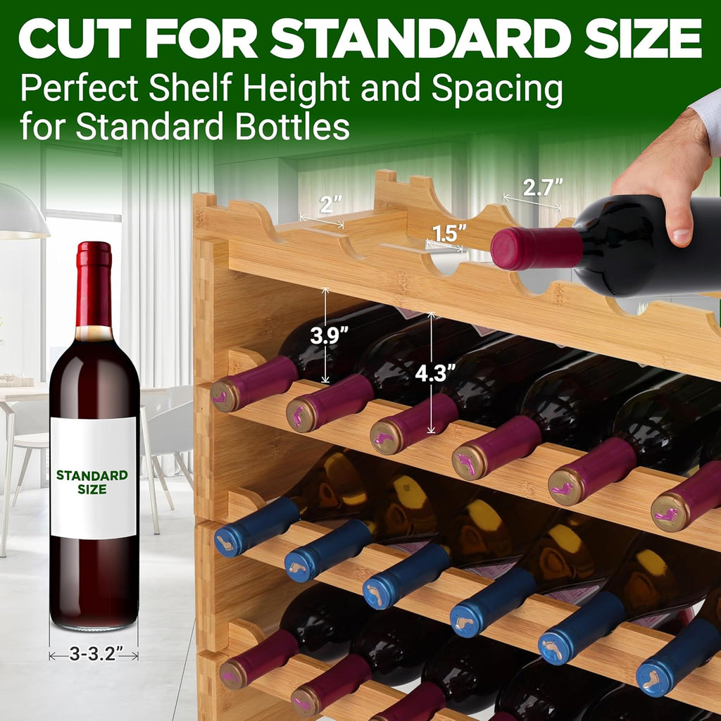 NutriChef 72 Bottle Wine Rack Stackable Bamboo Freestanding, 8-Tier Modular Shelf, Sturdy Wobble Free, Upgraded 2026 Design, Easy No-Tool Assembly for Kitchen, Cellar or Bar Storage 33.5" x 10" x 41"