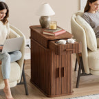 ONBRILL Fluted End Table with Charging Station, Narrow Side Table with Drawers, Wood Skinny Nightstand with Storage, Mid-Century Modern Bedside Tables for Small Space Living Room Bedroom Sofa Couch