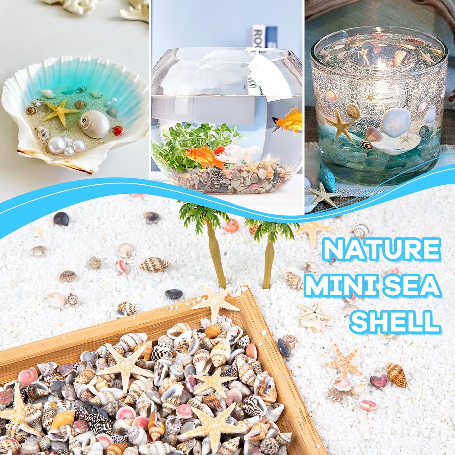 1200 PCS Tiny Seashells & 21 Starfish Mixed 18 Kinds Bulk Beach Small Shells for Home Decor, Beach Theme Party Decor, Fish Tank Aquarium, Sea Shells for Crafting Vase Filler, Beach Candle
