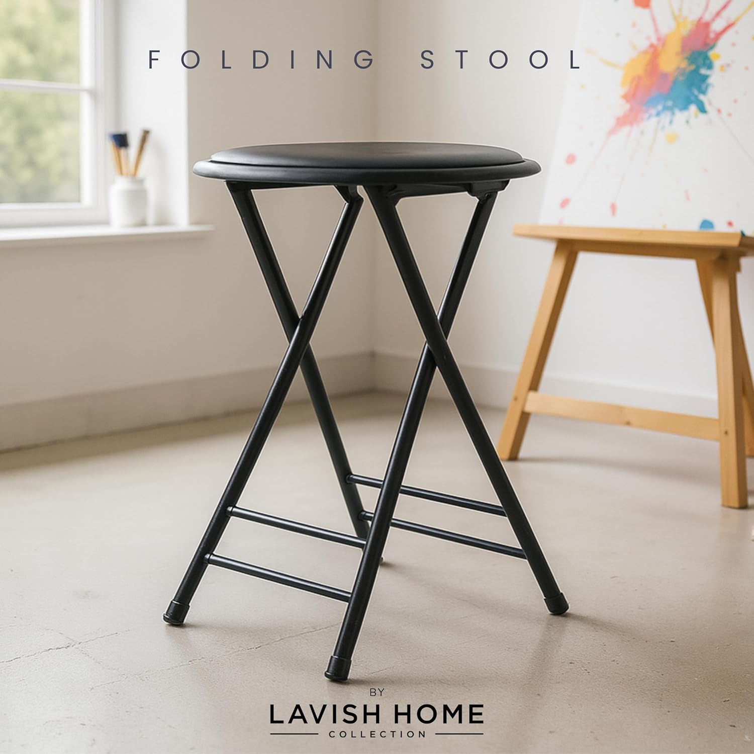 Lavish Home Backless Folding Stool with 225lb Capacity for Kitchen or Rec Room - Portable Indoor Counter Bar Stools (24-Inch, Black)