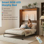 Mjkone Cabinet Beds Queen Size, Hidden Murphy Wall Bed, 64.6" W Queen Murphy Cabinet Chest Beds with 16 Colors of LED Lights, Space-Saving Design Guest Bed for Apartment, Offices, Small Space, Brown