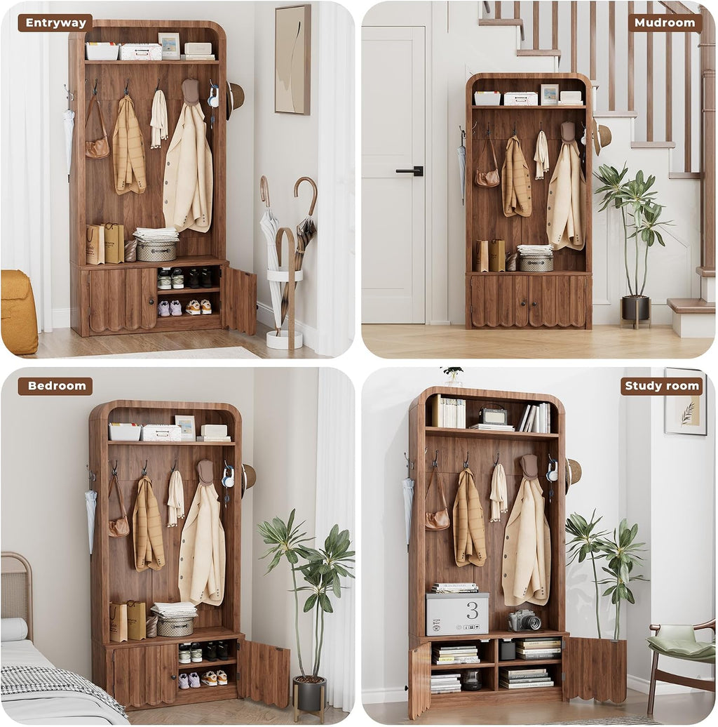 Narrow Hall Tree with Bench and Shoe Storage, Arched Entryway Coat Rack with Adjustable Shoe Cabinet,8 Hooks, Modern Rustic Mudroom Storage Organizer with Scalloped Wave Fluted Doors (Walnut)