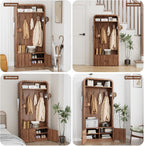 Narrow Hall Tree with Bench and Shoe Storage, Arched Entryway Coat Rack with Adjustable Shoe Cabinet,8 Hooks, Modern Rustic Mudroom Storage Organizer with Scalloped Wave Fluted Doors (Walnut)