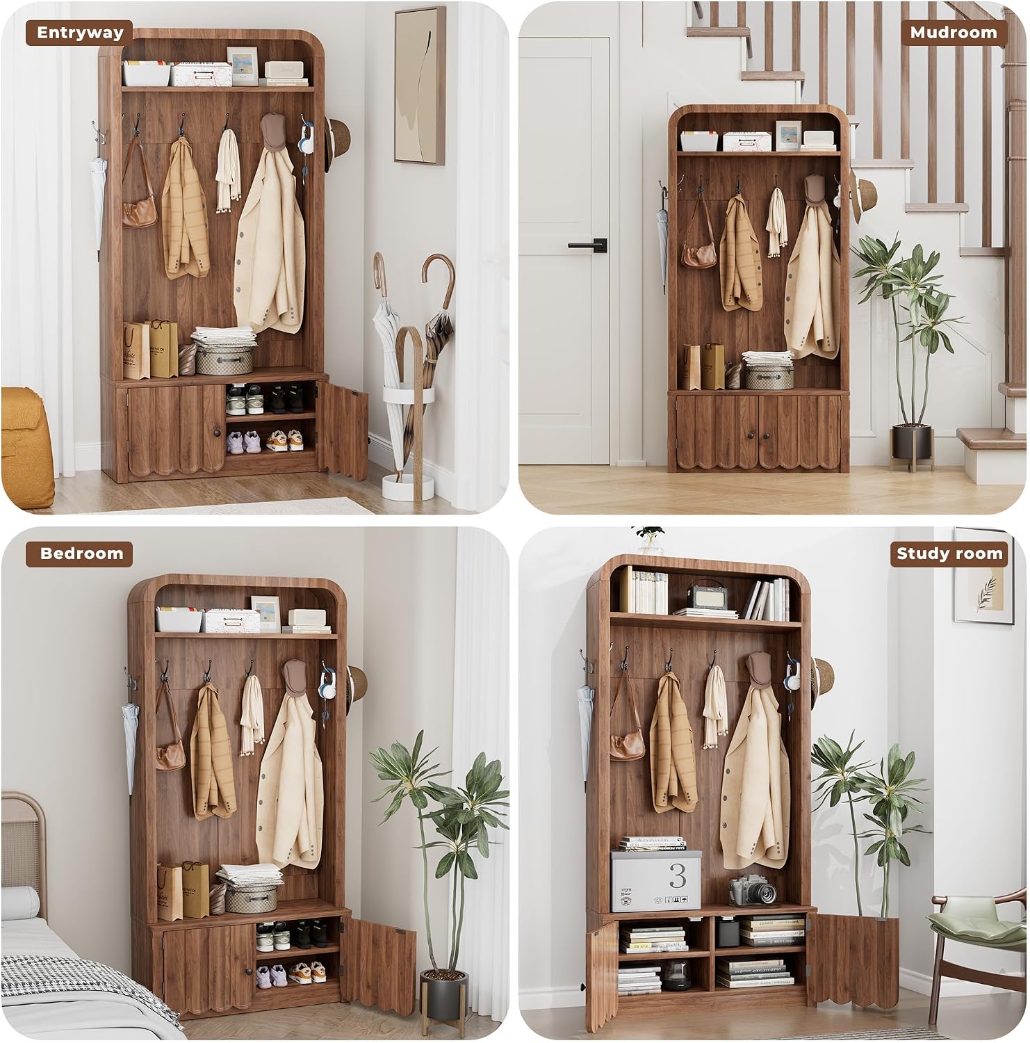 Narrow Hall Tree with Bench and Shoe Storage, Arched Entryway Coat Rack with Adjustable Shoe Cabinet,8 Hooks, Modern Rustic Mudroom Storage Organizer with Scalloped Wave Fluted Doors (Walnut)