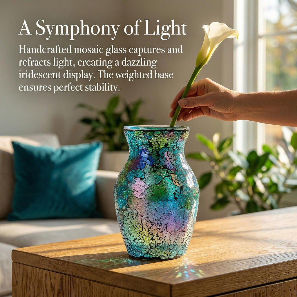 8" Iridescent Crackle Glass Vase, Handmade Deep Teal Green & Violet Mosaic Flower Vase, Dynamic Light-Reactive Art Centerpiece for Home Decor