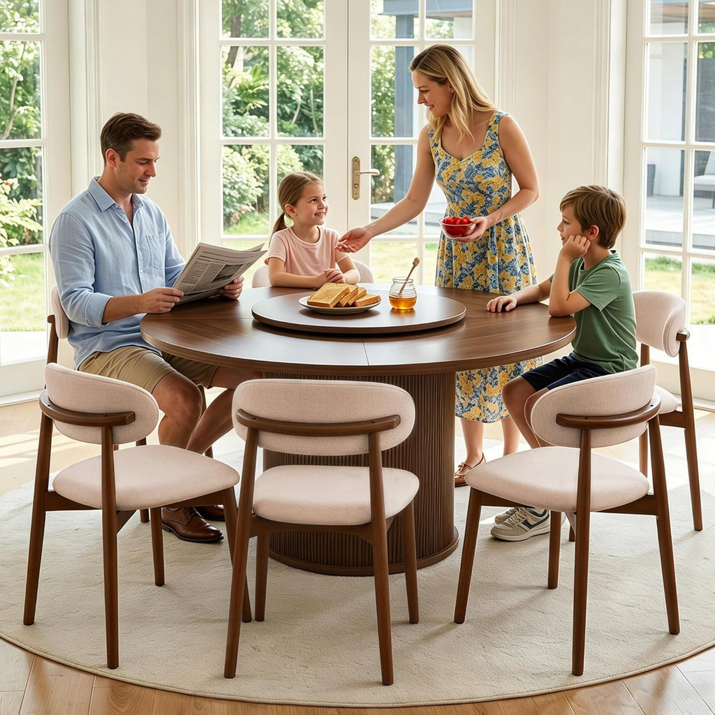 55.1” Round Dining Table Set for 6, Modern Kitchen Table Equipped with Storage Compartments and Sliding Doors, 7 Pieces Dining Table Chairs Set for Kitchen, Living Room (Walnut)