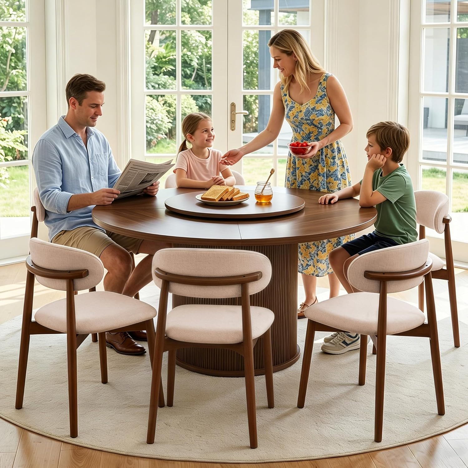 55.1” Round Dining Table Set for 6, Modern Kitchen Table Equipped with Storage Compartments and Sliding Doors, 7 Pieces Dining Table Chairs Set for Kitchen, Living Room (Walnut)