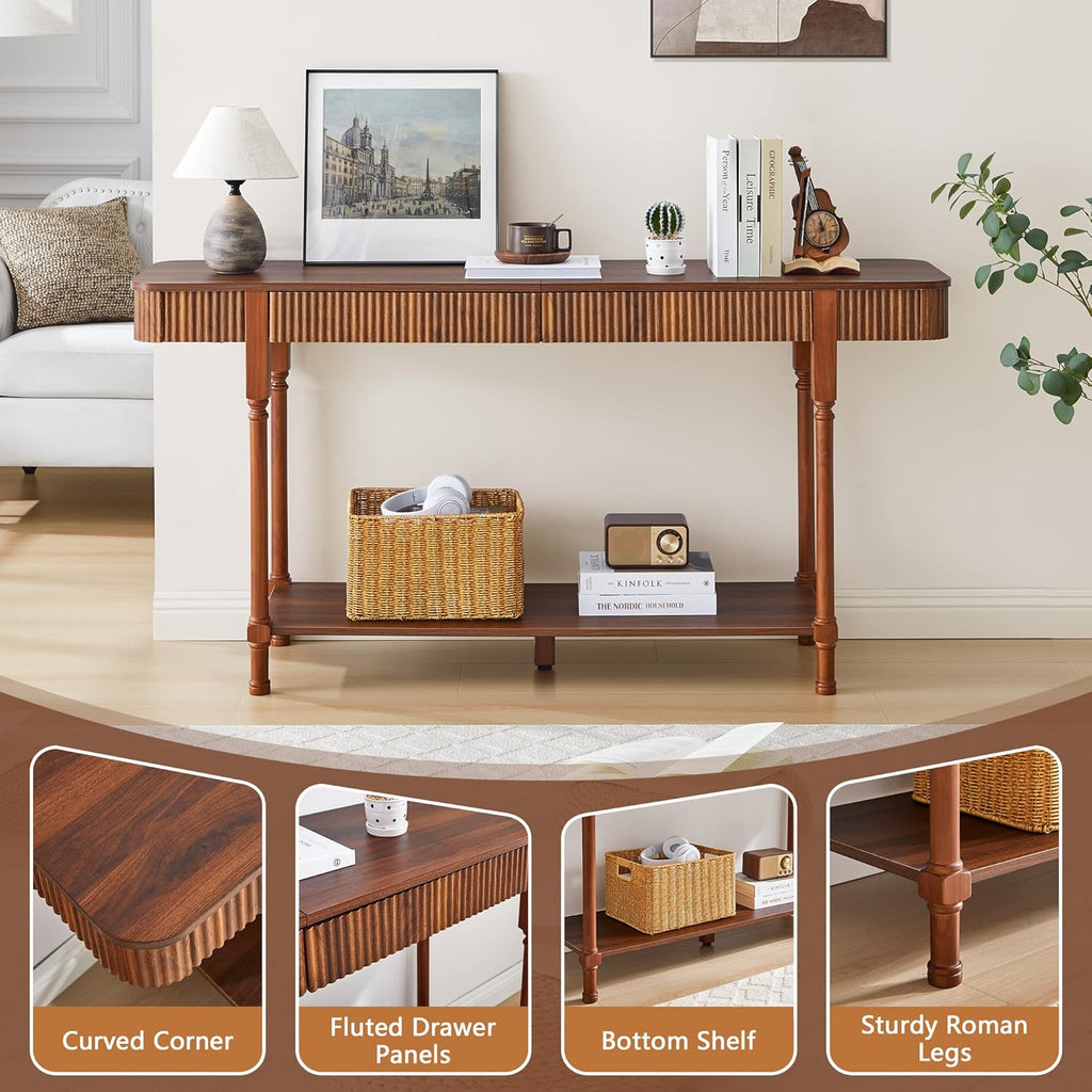 63'' Fluted Console Table with Drawers, Narrow Skinny Entryway Tables with Open Storage, Wooden Sofa Table Behind Couch, Foyer Accent Table for Living Room, Hallway, Entrance (Walnut)
