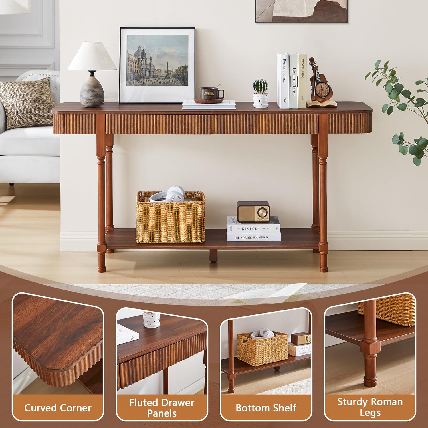 63'' Fluted Console Table with Drawers, Narrow Skinny Entryway Tables with Open Storage, Wooden Sofa Table Behind Couch, Foyer Accent Table for Living Room, Hallway, Entrance (Walnut)