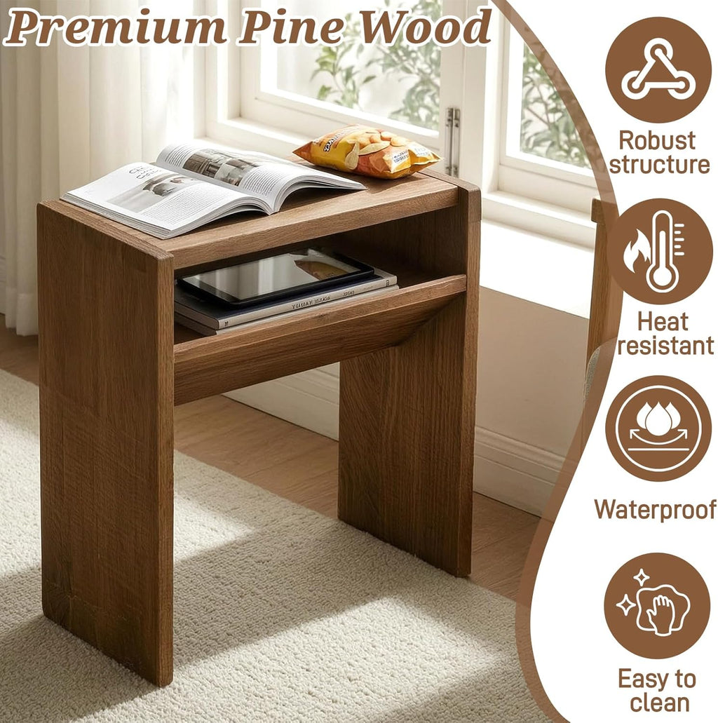 Solid Wood C Shaped End Table for Couch, No Assembly Required Sofa Side Table with Storage Shelf, Small Snack Table Slide Under Couch, Narrow Nightstand for Living Room, Bedroom & Small Spaces
