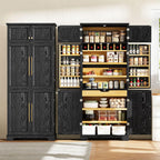 78.2" Tall Farmhouse Kitchen Pantry Cabinet with 8 Door Shelves and 4 Adjustable Shelves, Storage Cabinet with Hidden Drawer for Bathroom, Versatile Cupboard with Wine Rack for Kitchen (Black)