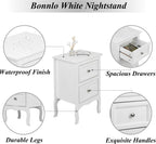 Bonnlo White Nightstand Set of 2, Nightstands with 2 Drawers, Bed Side Table/Night Stand, Small Nightstand for Bedroom, Small Spaces, College Dorm, Kids’ Room, Living Room, Wood, 16W x 12D x 24H