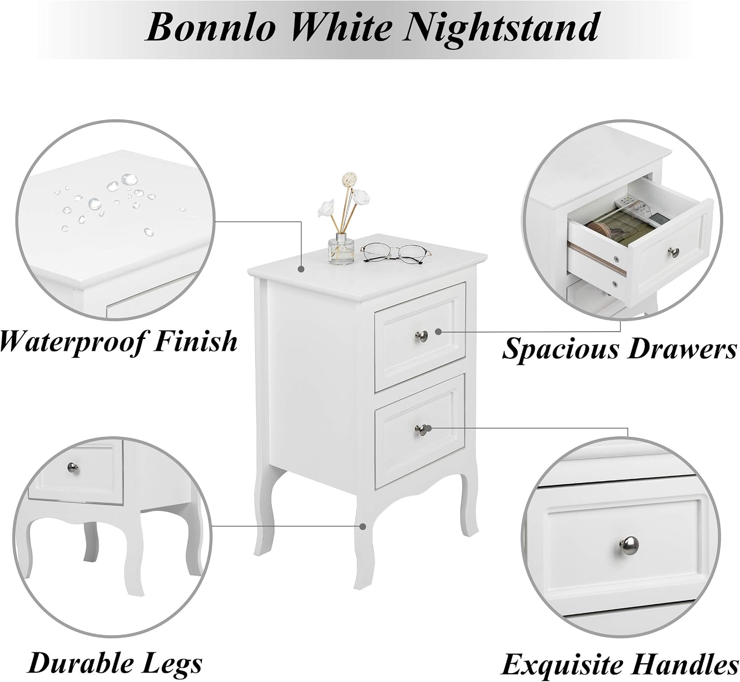 Bonnlo White Nightstand Set of 2, Nightstands with 2 Drawers, Bed Side Table/Night Stand, Small Nightstand for Bedroom, Small Spaces, College Dorm, Kids’ Room, Living Room, Wood, 16W x 12D x 24H