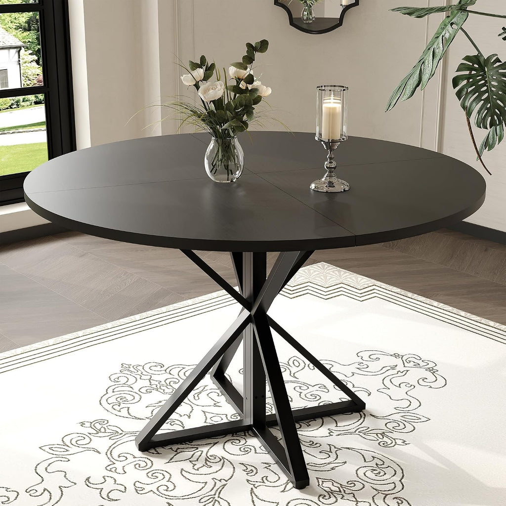 GarveeHome 47 Inch Round Dining Table for 4, Circle Kitchen Table with Pedestal Base, Farmhouse Wooden Dining Table for Small Spaces, Kitchen & Dining Room, Living Room（Black/Only Table）