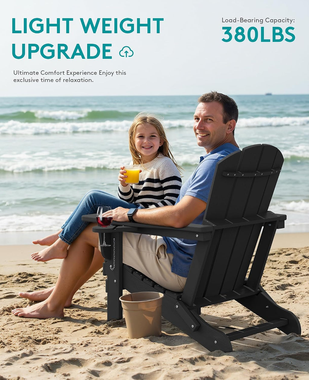 SERWALL Folding Adirondack Chair, Dual Cup Holders, Wood-Like Patio Chair for Backyard, Camping，Pool & Fire Pit- Black