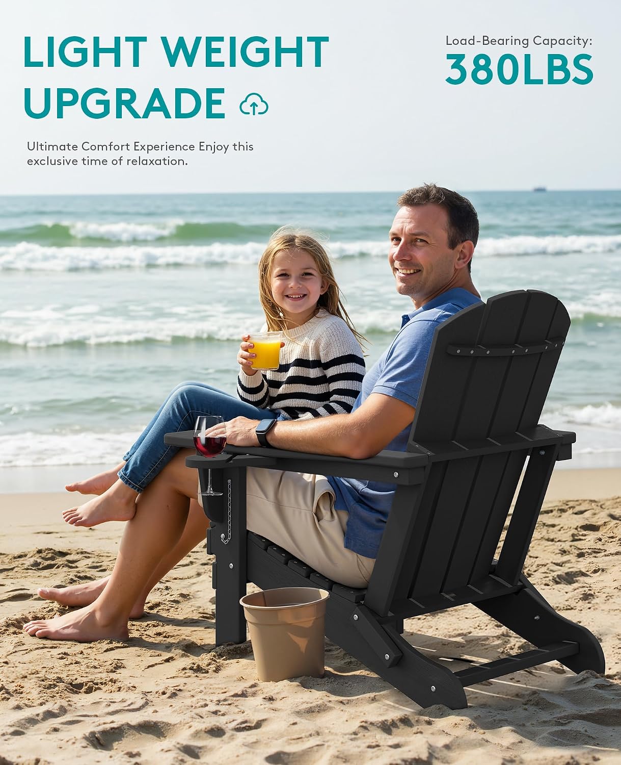 SERWALL Folding Adirondack Chair, Dual Cup Holders, Wood-Like Patio Chair for Backyard, Camping，Pool & Fire Pit- Black