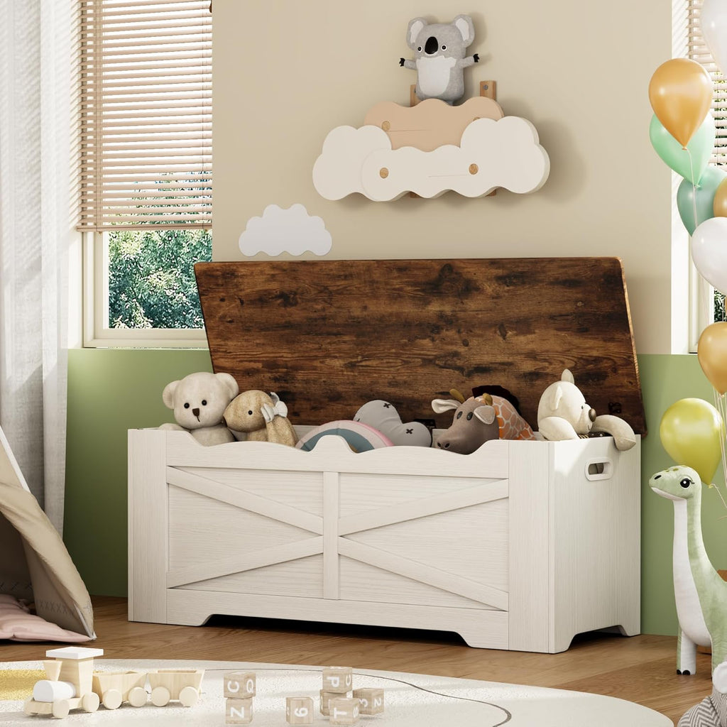 47.2" Wooden Storage Bench, Flip Top Trunk with 2 Safety Hinges, 300lbs Capacity, Multifunctional Entryway Bench for Hallway Bedroom Living Room, Blanket Organizer, White Walnut