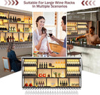 3 Tiers Large Wall Mounted Wine Rack with Glass Holder, Modern Metal Hanging Liquor Shelves, Holds Bottles at 2 Tilt Angles (45° 90° ) for Bar Home Bar Dining Room Cafe Decorative (Black, 59in/150cm)
