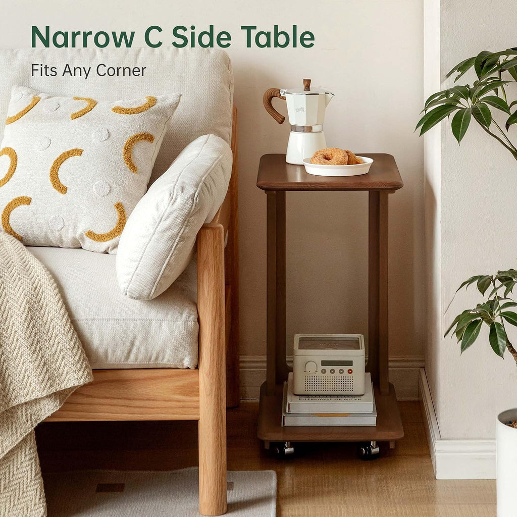 YESWOOD 100% Solid Wood C Shaped Side Table with Wheels, Small Side Table for Living Room, Wooden End Table for Couch, Walnut Bed Side Tables for Bedroom(24.5" H)