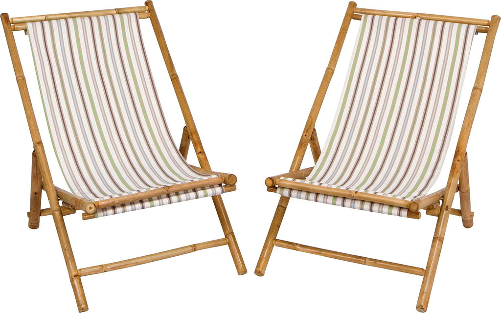 Statra Folding Bamboo Sling Chair Set of 2, White Stripes